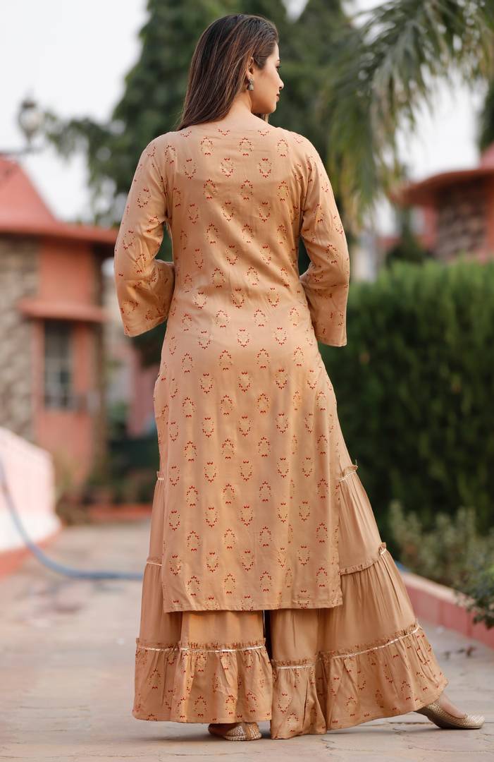 Stylish Women Embroidered And Printed  Rayon Slub Kurta And Sharara Set